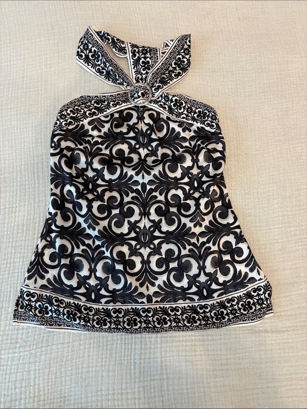 WHBM Black and White Halter Tank Top with Scroll Print